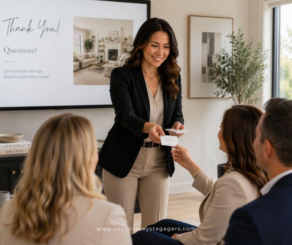 home stager giving a successful presentation on home staging to a real estate office using the Prep, Present, Partner Method by the Social Stager