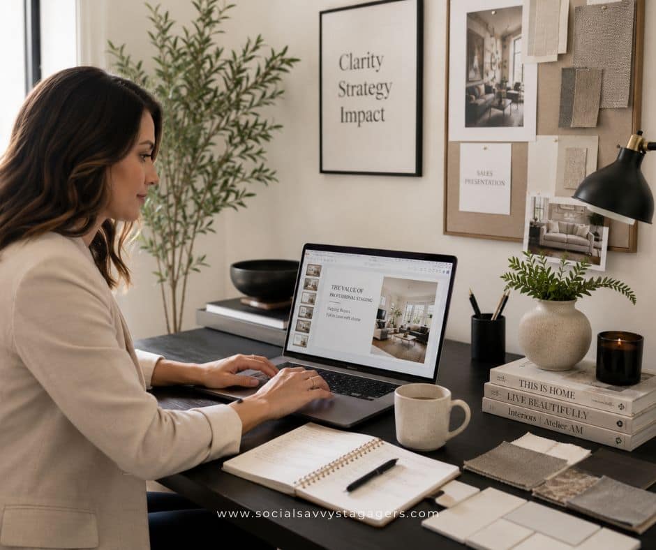 home stager working on a home staging presentation using the prep, present, partner method from the social stager