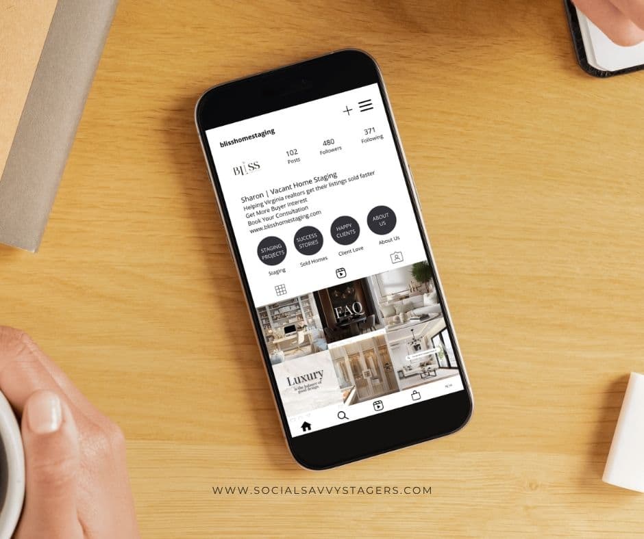 Iphone featuring a home staging brand's Instagram feed that looks professional and on brand.