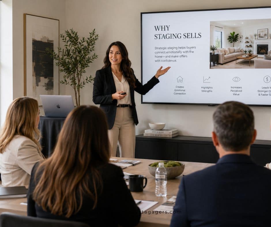 home stager giving a realtor presentation using the prep, present, partner method