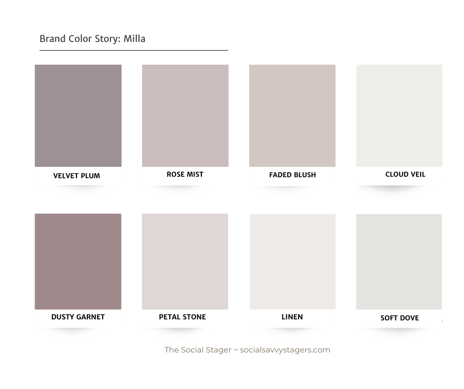 a palette of different shades of gray and dusty pinks and purples