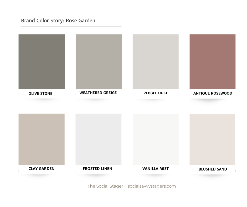 a color palette of different shades of green, rose and organic hues